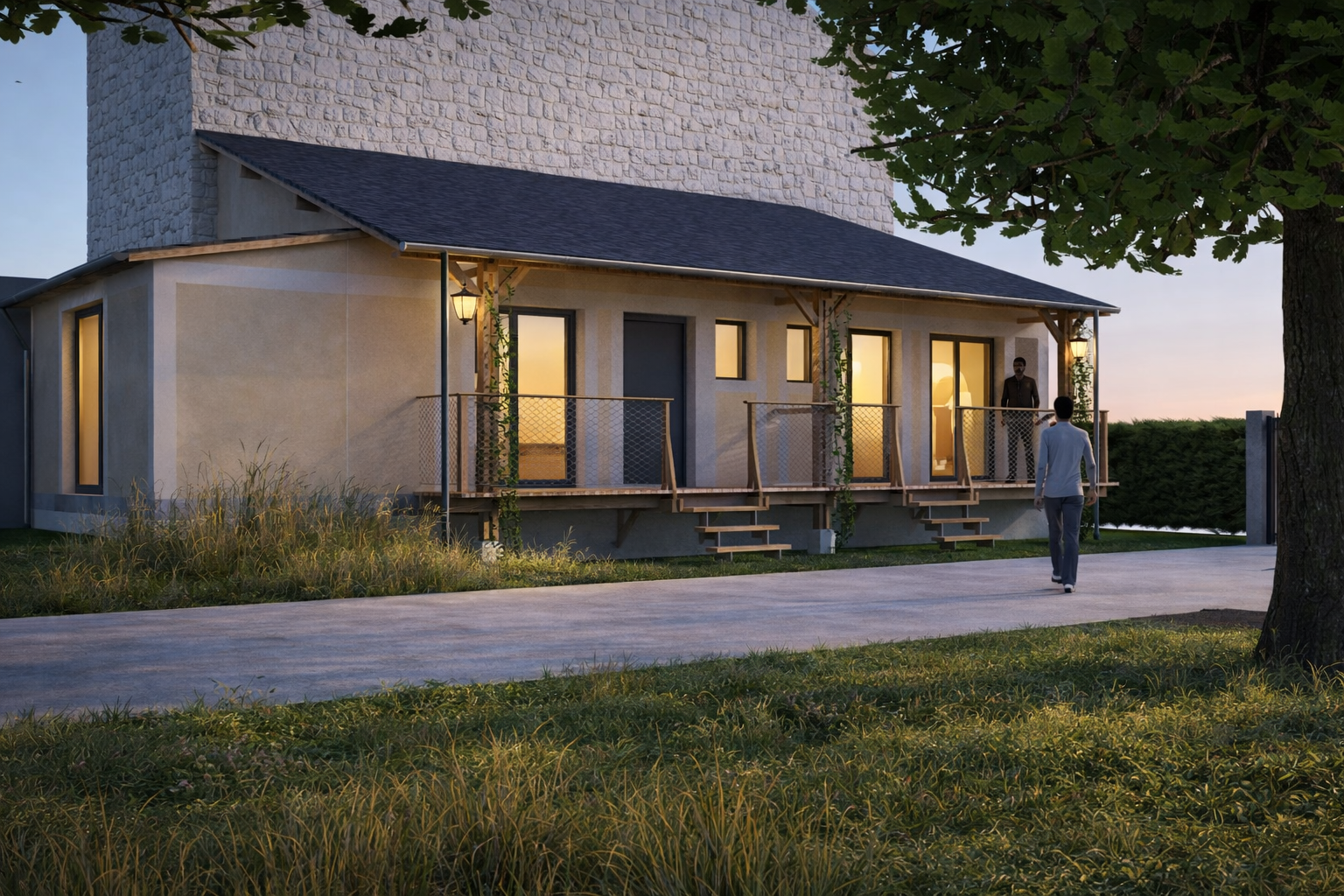 Maison au crépuscule, lumières chaleureuses et porche