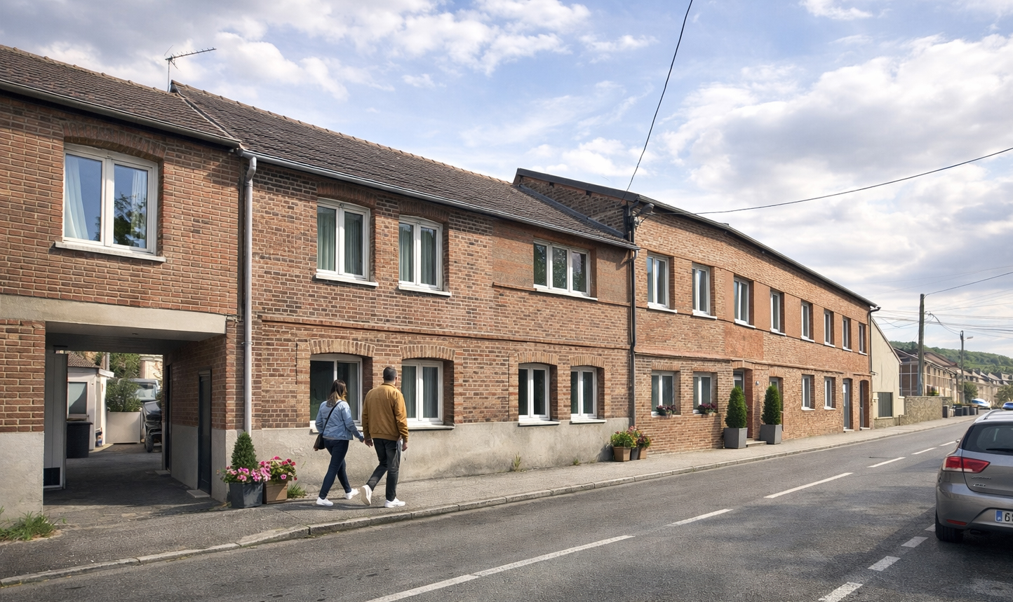 Immeuble en brique réhabilité en logements collectifs
