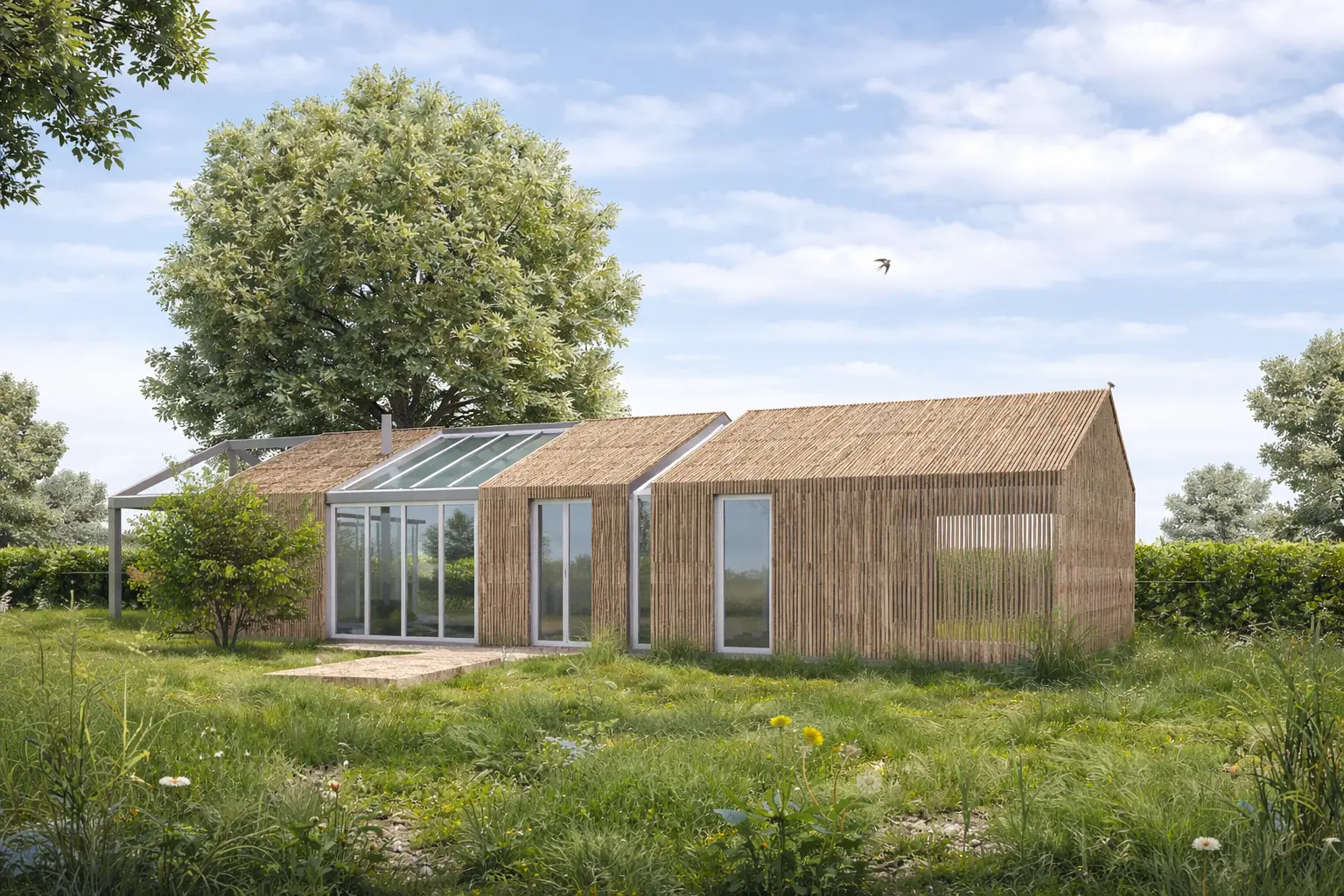 Maison écologique contemporaine en bois dans la nature